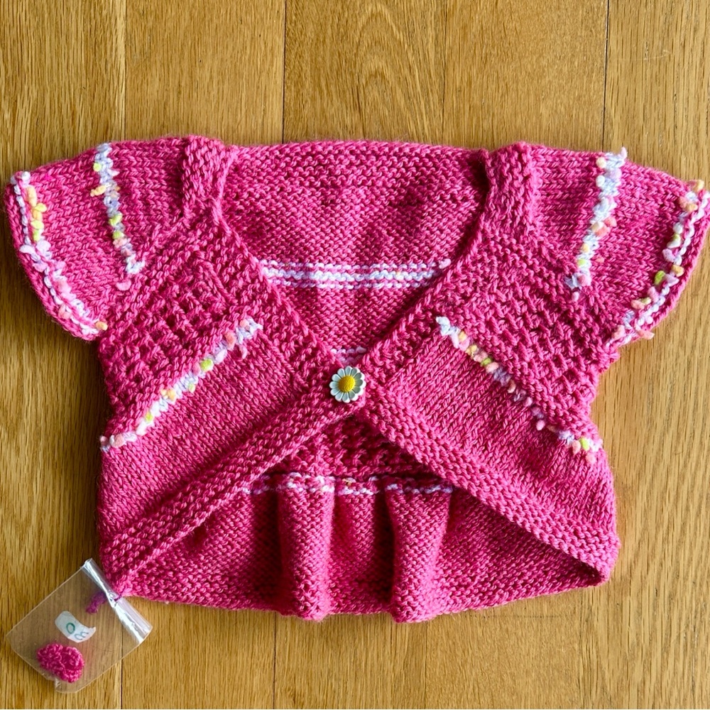 NWOT Handmade Pink Knit Baby Cardigan with Daisy Button